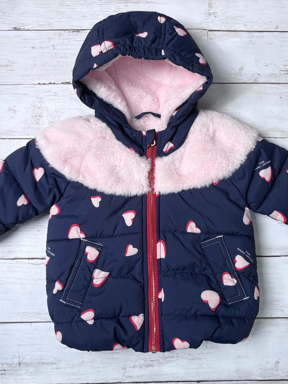 Marc Jacobs Infant Navy Pink Heart Puffer Jacket Size 3M